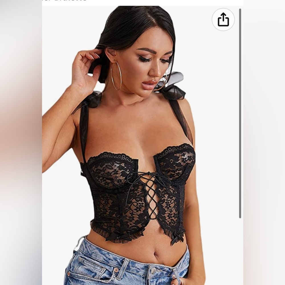 Women's Floral Sheer Eyelash Lace Up Bustier Cami Top Tie Shoulder Bralette